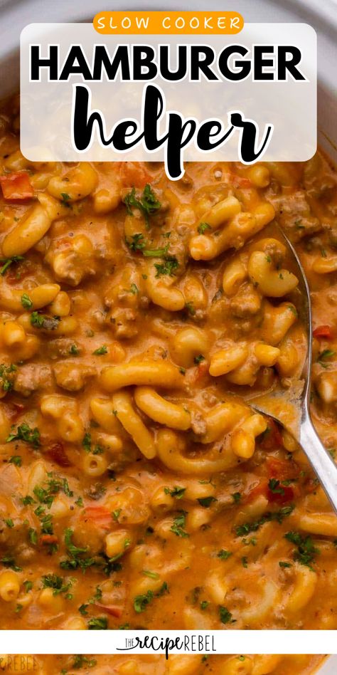 This Slow Cooker Hamburger Helper is easily made entirely in the Crockpot, with ground beef and macaroni in a cheesy, tomato-y sauce with extra veggies! It’s hearty comfort food made easy! Hamburger Helper Slow Cooker, Hamburger Helper Recipes Homemade, Hamburger Helper Homemade Crockpot, Easy Hamburger Crockpot Meals, Slow Cooker Hamburger Helper, Hamburger Helper Crockpot, Crockpot With Ground Beef, Crockpot Hamburger Helper, Crockpot Hamburger Recipes