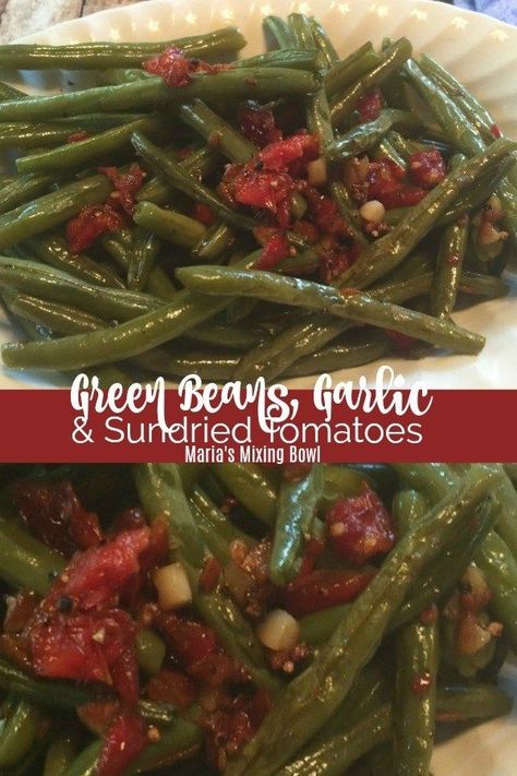 Green Beans with Garlic and Sun-Dried Tomatoes - Green Beans with Garlic and Sun-Dried Tomatoes is my favorite way to make green beans. The garlic and sun-dried tomatoes go perfectly together! #green #beans #garlic #sundried #tomatoes #sides #family #favorite Green Beans Sun Dried Tomatoes, Italian Sides, Green Beans Garlic, Green Beans With Garlic, String Beans, Garlic Green Beans, Sundried Tomatoes, Foodie Friends, Sun Dried Tomatoes