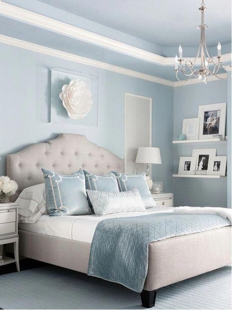 Benjamin Moore Brittany Blue Bedroom Via Marker Girl Home. "Mom retreat a relaxing Master Bedroom in soft blue grey and white color palette. Paint color Benjamin Moore Brittany Blue, Circa Lighting, Custom bedside tables, Custom grey upholster bed, Lili Alessandra Bedding, Stark Carpet rug, Wallpaper panels thibaut, Paper flower Etsy" #bedroomsdecor Light Blue Bedroom, Blue Bedroom Decor, Transitional Bedroom, Beige Bedroom, Bedroom Color Schemes, Bedroom Paint Colors, Trendy Bedroom, Blue Rooms, Bedroom Paint