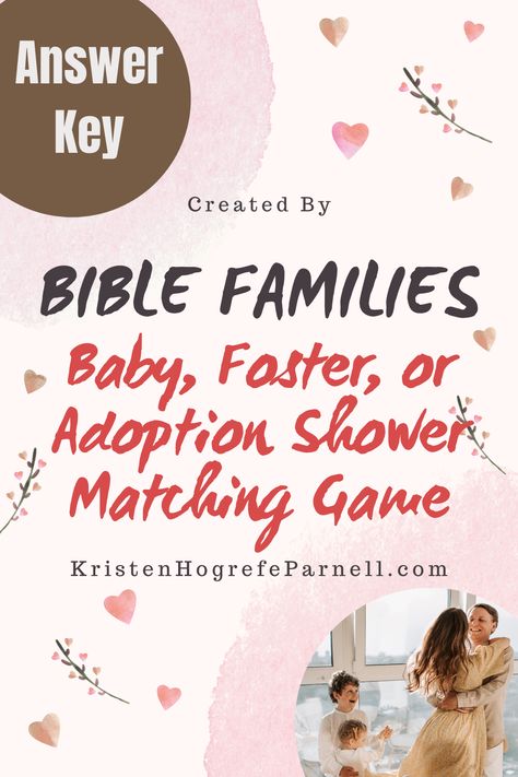 I hosted a foster-to-adoption shower for a friend and needed an appropriate game, so I made this Bible matching game. It prints on an 8.5 x 11 sheet. Here is the answer key, and the game itself is a separate pin in this board. Hope this blesses someone else! Adoption Baby Shower, Adoption Shower, Reunion Games, Family Reunion Games, Foster Care, Matching Games, Baby Games, Answer Keys, Party Inspiration