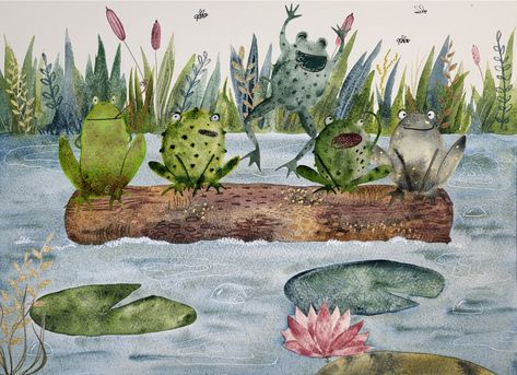 Five cute frogs sitting on a log in the middle of a pond with waterlilies Frog Pond Drawing, Frogs On A Log, Five Little Speckled Frogs, Pond Drawing, Speckled Frogs, Frog Habitat, Frog Sketch, Pond Painting, Carnival Posters