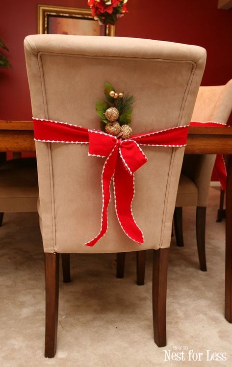 Christmas Chair Covers Diy, Chair Decorations Christmas, Parson Chair Covers, Christmas Kitchens, Christmas Chair Covers, Party Chairs, Christmas Chair, Wrought Iron Patio Chairs, Christmas Apartment