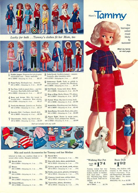 A selection of clothing for Tammy dolls by Ideal, including the full range of debut fashions, mix and match "pak" accessories, and the initial $1.92 basic Tammy doll (with hair color chosen at random by the dispatching factory), from that year's Sears Christmas Wish Book, United States, 1963, published by Sears, Roebuck & Co. Vintage Tammy Doll, Tammy Doll Clothes, Tammy Doll, Sindy Doll, Doll Family, Vintage Barbie Dolls, Vintage Doll, Childhood Toys, Barbie Friends