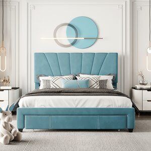 Everly Quinn Queen Size Storage Bed Velvet Upholstered Platform Bed With A Big Drawer - Blue | Wayfair Queen Size Storage Bed, Queen Platform Bed Frame, Upholstered Storage Bed, Queen Size Platform Bed, Bed Storage Drawers, Platform Bed With Storage, Queen Platform Bed, Queen Bed Frame, Upholstered Bed Frame