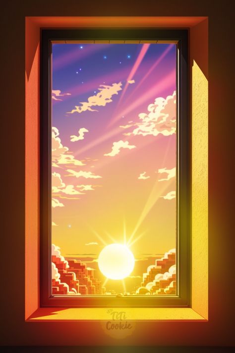 The Golden Sunrise through the windows point of view Window View Illustration, Painting Moodboard, Sunrise Illustration, Sunrise Drawing, Sun Drawing, Golden Sunrise, Window Illustration, Window Drawing, Sunrise Art