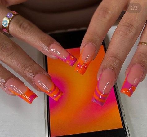 Orange And Pink Nails, Orange French Tip Nails, Orange French Tip, Holiday Acrylic Nails, Nail Place, Simple Acrylic Nails, French Acrylic Nails, Tip Nails, Bling Acrylic Nails