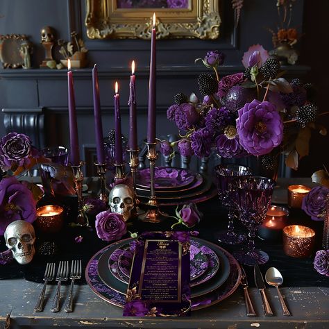 Elegant Mystical Gothic Purple and Gold Wedding Menu Purple Gothic Decor, Gothic Witchy Wedding Ideas, Black And Purple Wedding Theme Receptions, Small Wedding And Reception In Same Room, Black Wedding Cakes Elegant, Fairy Gothic Wedding, Spring Gothic Wedding, Gothic Wedding Purple, Halloween Themed Wedding Decorations