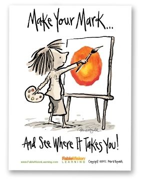 Proudly display this poster featuring an original illustration by Peter H. Reynolds: Vashti and The Dot. Vashti stars in Peter's book The Dot, the story of a caring teacher who dares her student to "make her mark." We urge you to share Peter's message about the importance of nurturing creativity with this beautiful poster! 18"x24" size available for $9.95. A larger size is also available. © 2011 Peter H. Reynolds Peter Reynolds, Peter H Reynolds, The Dot Book, Art Room Posters, Art Bulletin Boards, International Dot Day, Dot Day, Author Studies, Ecole Art