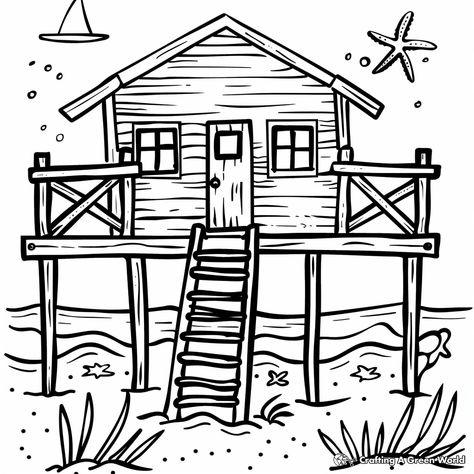 Please enjoy these beach house coloring pages! Beach House Sketch, Beach House Drawing, House Coloring Pages, House Doodle, House Outline, Outline Pictures, Famous Works Of Art, Beach Coloring Pages, Alphabet Animals