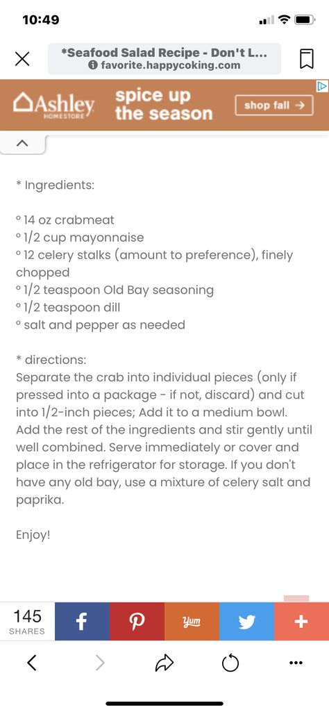 Crab Salad Recipe, Sea Food Salad Recipes, Crab Salad, Seafood Salad, Old Bay, Crab Meat, At Home Store, Salad Recipe, Mayonnaise