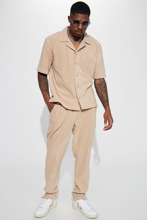 Model Height: 6'1 - Waist: 32 - Wearing Large Big & Tall: Height 6'5 - Waist 42 - Wearing XXXL Available In Sand. Elastic Waistband With Draw cord Side Hand Pockets Stretch Polyester Pair With "Dipped Terry Cloth Short Sleeve Polo" Pair With "Dipped Terry Cloth Short Sleeve Cuban Shirt" 80% Cotton 20% Polyester Imported | Mens Dipped Terry Slim Pants in Sand size Medium by Fashion Nova Cuban Shirt Outfit Men, Gender Reveal Outfit, Fashion Nova Men, Outfit Homme, Gentleman Fashion, Cuban Shirt, Hoco Ideas, Cuban Shirts, Guy Fits