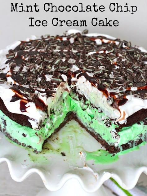 Mint Chocolate Chip Ice Cream Cake Mint Ice Cream Cake, Chocolate Chip Ice Cream Cake, Mint Chocolate Chip Ice Cream Cake, Mint And Chocolate, Mint Desserts, Homemade Ice Cream Cake, Chocolate Ice Cream Recipe, Mint Cake, Mint Chip Ice Cream