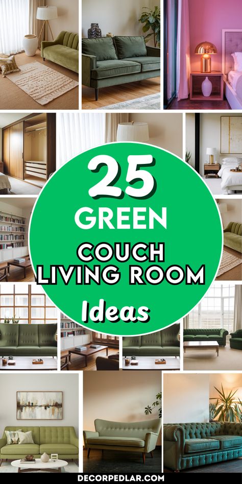 A green couch can be a stunning and unexpected addition to your living room. It can add a pop of color, a touch of nature, or a sophisticated vibe, depending on the shade of green you choose. Here are 20 green couch living room ideas to inspire you: Wall Color For Green Sofa, Green Sectional Living Room Ideas, Coastal Fireplace Ideas, Green Couch Living Room Ideas, Green Couch Decor, Green Couches, Cabriole Sofa, Tall Wall Decor, Green Couch Living Room