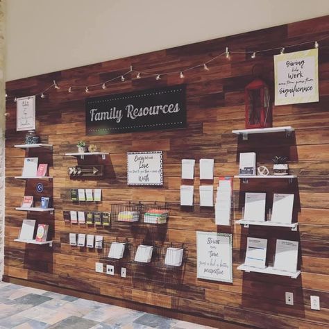 Resource Wall Ideas, Church Resource Wall, Church Check In Station, Unity Aesthetic, Church Sanctuary Decor Interiors, Church Information Wall, Church Welcome Center Ideas, Info Wall, Church Marketing Ideas