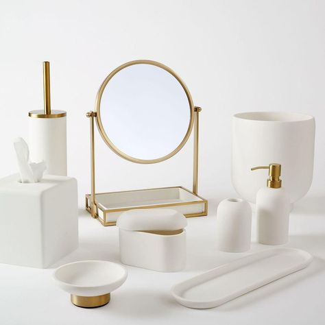 Modern Resin Stone Bathroom Accessories | west elm Canada Bathroom Sets Bath Accessories Modern, Bathroom Decor Inspo Luxe, White And Gold Bath Accessories, Bathroom Accessories Gold, Bathroom Sets Bath Accessories Gold, Modern Bath Accessories, White And Gold Bathroom Accessories, Bathroom Styling Modern, Master Bathtub Decor Modern