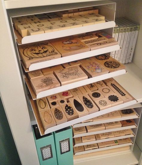 Scraproom: Wood Stamp Storage Stamp Storage Ideas, Wooden Stamp Storage, Die Cut Storage, Rubber Stamp Storage, Art Closet, Scrapbook Room Organization, Fab Lab, Craft Storage Organization, Scrapbook Organization