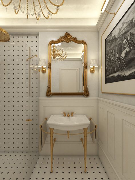 Classy Powder Room, Elegant Vintage Bathroom, French Bistro Bathroom, European Powder Room, Classy Bathroom Ideas, Parisian Bathroom French Style, Vintage Washroom, Palace Bathroom, Classy Mirror