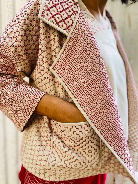 Pona Jacket Pattern Review & How I Stitched Sashiko On Every Inch Of It - Geri In Stitches Sashiko Jacket, Fashion Illustration Face, Boro Stitching, Japanese Jacket, Sashiko Pattern, Japanese Quilts, Quilted Clothes, Kantha Jacket, Sashiko Embroidery