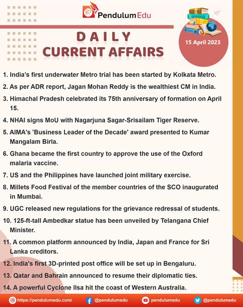 Current Affairs of 15 April 2023 in English Current Affairs 2023 In English, Current Affairs 2023, Sbi Po, 1 Billion Dollars, English Today, Current Affairs Quiz, Ssc Cgl, Indian Constitution, 15 April