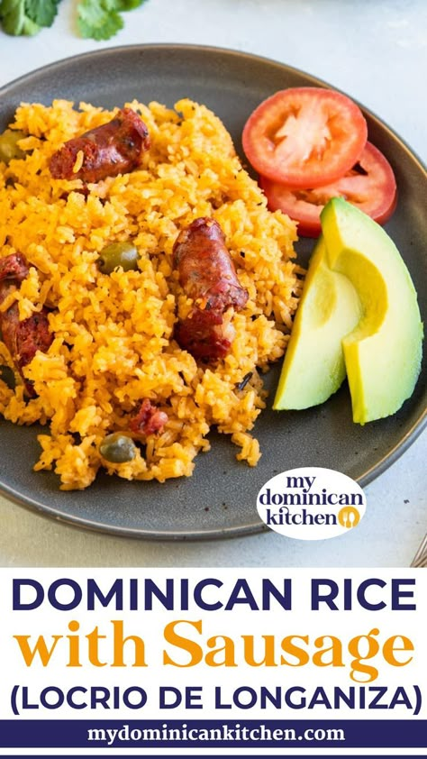 Dominican Recipes Authentic, Longaniza Recipe, Quick Chicken Casserole, Dominican Rice, Dominican Sancocho, Dominican Chicken, Dominican Cuisine, Rice With Sausage, Dominican Dish