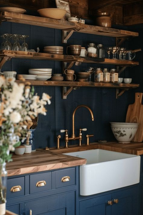 Discover 41+ Ways to Style a Dark Blue Kitchen for Modern Homes Boho Kitchen Blue Cabinets, Blue And Wood Kitchen Ideas, Dark Blue And Wood Kitchen, Dark Blue Kitchen Cabinets, Dark Blue Kitchen, Dark Blue Kitchens, Kitchen Pop, Navy Blue Kitchen, Kitchen 2024