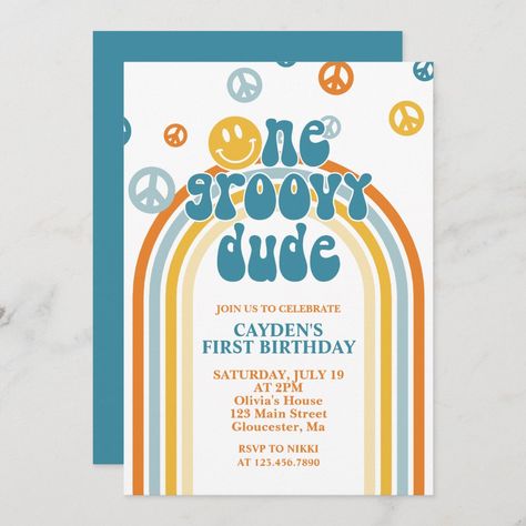 Boy 2nd Birthday, 1st Birthday Invitations Boy, Hippie Birthday Party, Retro Birthday Parties, Groovy One, Two Groovy, First Birthday Favors, Hippie Birthday, First Birthday Games