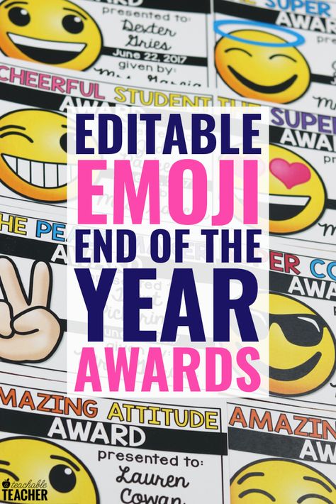 These printable end of the year awards for students are a huge hit because they emoji themed! They are perfect for a preschool, kindergarten, first grade, 2nd grade up to middle school and high school classroom ceremony! These are a lifesaver for teachers because they are completely editable. Just type and print! Awards For Students, Teaching Strategies Elementary, Spelling Word Activities, School Year Themes, End Of Year Awards, Planning School, List Of Words, Teacher Awards, Classroom Planning