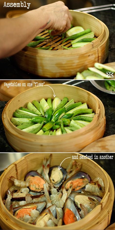 assembly-bambu-steamer-(leticia-massula-to-Cozinha-da-Matilde) Food Steamer Recipes, Bao Food, Bamboo Steamer Recipes, Bamboo Steamer, Steamed Shrimp, Food Steamer, Shrimp And Vegetables, Steam Recipes, Asian Kitchen