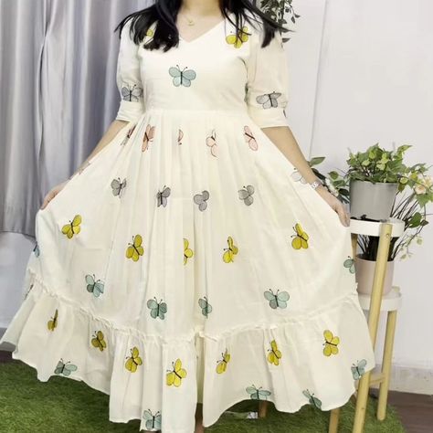 Look stylish and walk in comfort with our New white 🤍 colour Midi dress with stylish puff sleeves with butterfly 🦋 embroidery all over the dress. 🧶 *Fabric - cotton with lining* 👗 *_Type - midi kurti_* 🧵 *Work - puff sleeves & full embroidery work front & back side* 📏 *Size - 38/40/42/44/46* DM for orders #mididress #dress #cottondress #butterflydress #embroiderydress #whitedresses #happyshopping #OnlineShopping #FreeShipping Churidar Designs, Butterfly Embroidery, Butterfly Dress, White Colour, Churidar, Embroidery Dress, Look Stylish, Embroidery Work, Fabric Cotton