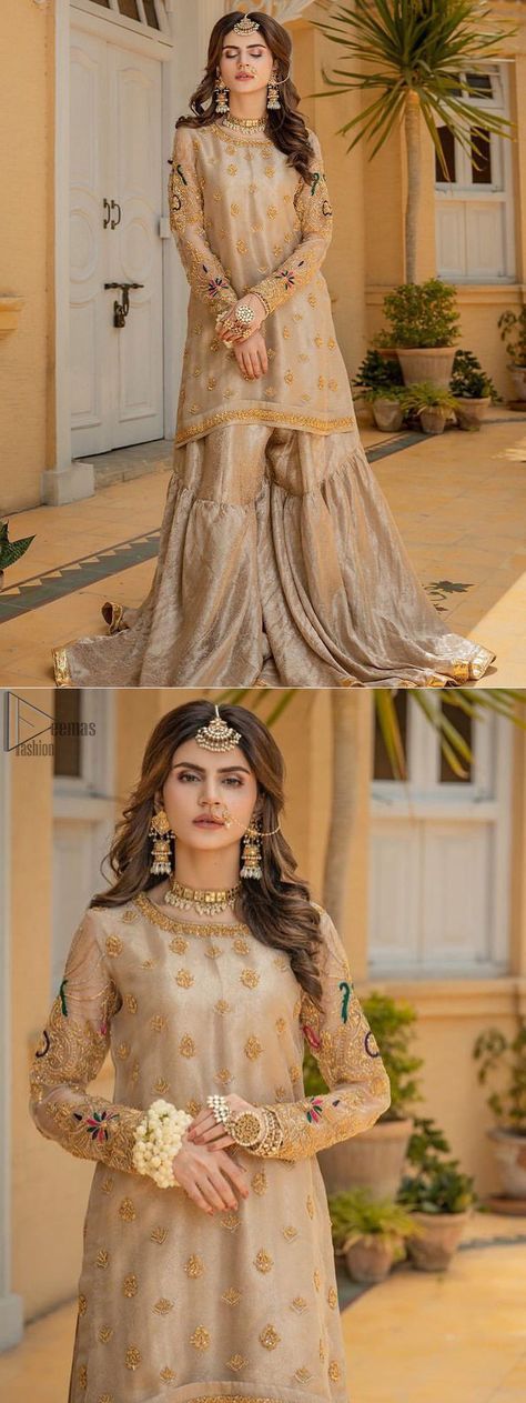 Gharara For Nikkah, Gharara Pakistani Simple, Farshi Gharara Pakistani, Nikah Dress Pakistani, Farshi Gharara, Gharara Pakistani, Gharara Dress, Wedding Dresses Pakistani, Bridal Mehndi Dresses