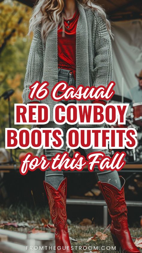 a woman wears red cowboy boots outfits for fall, western outfits Outfits For Red Boots, How To Wear Red Boots, Fall Outfits With Red Boots, Styling Red Cowgirl Boots, Style Red Cowboy Boots, Hot Pink Cowgirl Boots Outfit, Styling Red Boots, Purple Cowboy Boots Outfit, Cowboy Boots Outfit Street Style