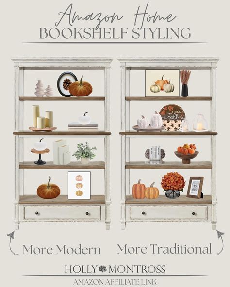 Continuing the fall saga…. We just had vacation 2 weeks ago and when we came back home, the fall breeze hit and has (for the most part) stayed ever since and I’m LOVING it. Whether it’s fall or just everyday shelf styling, clients always ask for help styling their shelves. So, here’s my take on shelf styling for fall courtesy of Amazons extensive fall decor. Enjoy! Click the link in my bio to shop my storefront and check out the “All the fall things” list at the top! #amazon #amazonhome ... Fall Bookshelf Decor Living Room, Fall Bookshelf Styling, Bookshelf Fall Decor, Fall Shelf Styling, Fall Decor Shelves, Fall Bookshelf Decor, Bookshelf Decor Living Room, Fall Bookshelf, Fall Shelf Decor