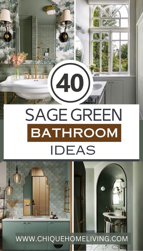 Farmhouse Bathroom Sage Green, Green Bathroom With Silver Fixtures, Bathroom Ideas Green And Grey, Sage Green White And Gold Bathroom, Bathrooms With Green Accents, Sage Green Bathroom Ideas Decor Master Bath, Grey And Sage Bathroom Ideas, Earthy Bathroom Inspiration, Mint Green And Black Bathroom