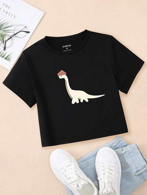 Black Casual  Short Sleeve Polyester Dinosaur  Embellished Slight Stretch Summer Women Tops, Blouses & Tee Dinosaur Shirt Women, Cute Dinosaur Outfit, Dinosaur Clothes Women, Dinosaur Clothes, Fabric Dinosaur, Dinosaur Tshirt, Grafic Tees, Dinosaur Outfit, Dino Shirt