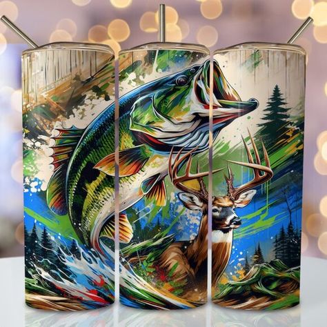 Bass & Deer 20oz Tumbler Tumbler For Men, Hunting Sublimation, Fishing Tumbler, Fishing Png, Tumbler Pictures, Ice Cold Drink, Portable Vacuum, Vacuum Cup, Fishing Life