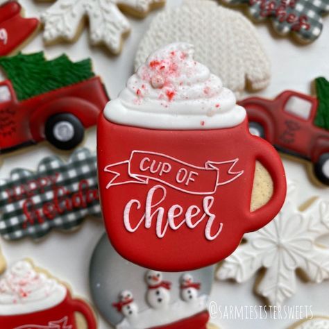 Hot Chocolate Decorated Cookies, Hot Cocoa Sugar Cookies, Hot Chocolate Cookies Decorated, Christmas Mug Cookies, Mug Sugar Cookie, Specialty Cookies, Chocolate Christmas Cookies, Single Cookie, Cookie In A Mug