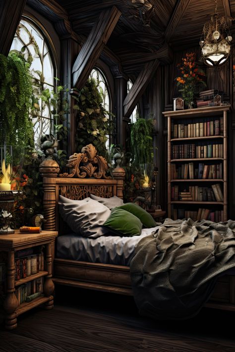 #bedroom, #home, #homeinspo, #bedroominspo, #bedroomideas Dark Green Forest Bedroom, Dark Nature Bedroom, Dark Forest Bedroom Aesthetic, Dark Fairy Bedroom, Green Academia Bedroom, Traveler Bedroom, Dark Forest Bedroom, Bedroom Dark Academia, Forest Bedroom Ideas