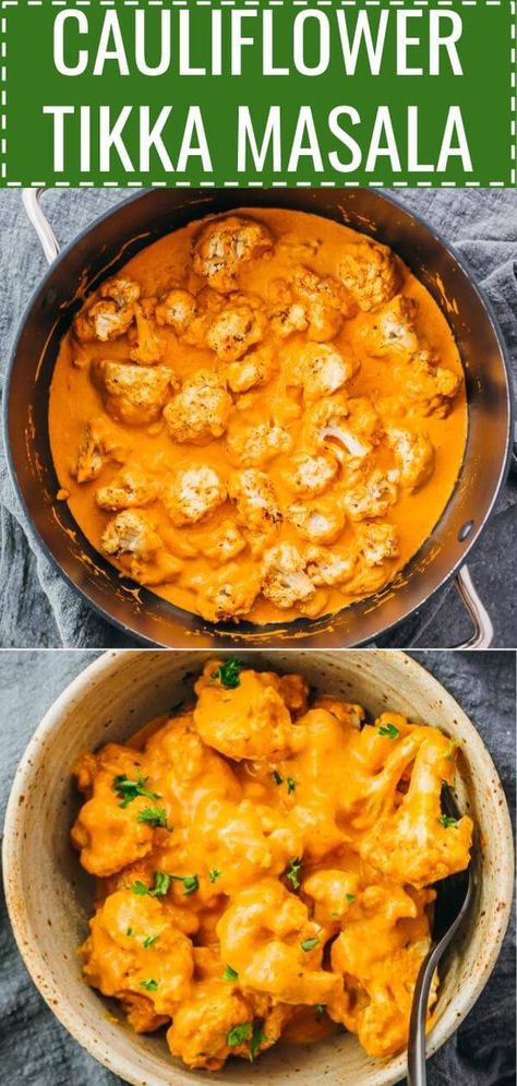 Tikka Masala de coliflor Vegetarian Tikka Masala, Cauliflower Tikka Masala, Tikka Masala Vegetarian, Keto And Gluten Free, Oven Roasted Cauliflower, Curry Recipes Vegetarian, Tikka Masala Recipe, Vegetarian Curry, Cauliflower Curry