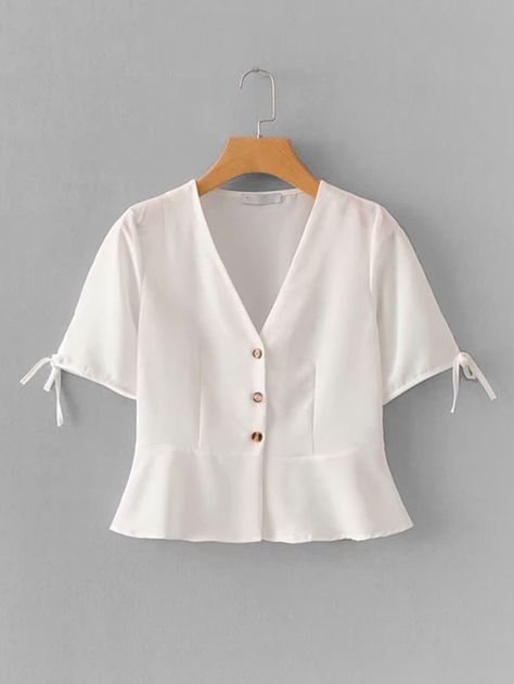 Button Front Pep Hem Blouse | SHEIN Indian Blouse Designs, Ruffle Hem Blouse, Diy Vetement, Fashion Tops Blouse, Hem Blouse, Blouse Online, Crop Blouse, Mode Style, White Blouse