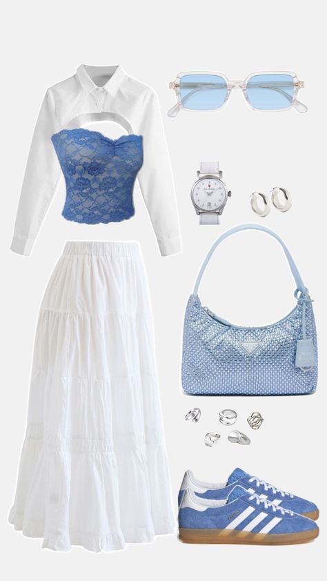 Sky Blue Concert Outfit, Txt Concert Outfit Blue And White, Blue And White Concert Outfits, Blue And White Outfit Ideas For Party, Blue Outfit Concert, Zb1 Outfit, Blue Kpop Outfit, Zb1 Concert, Blue Concert Outfit