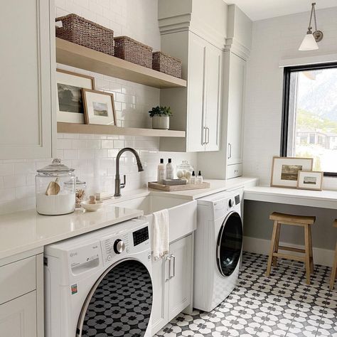 Between Washer And Dryer, Flat Front Cabinets, Blind Design, Transitional Laundry Room, Laundry Room Tile, Custom Laundry Room, White Laundry Rooms, White Laundry, Laundry Room Sink