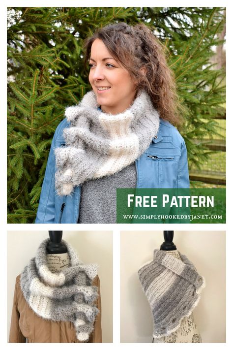 Ruffled Keyhole Boomerang Scarf Free Crochet Pattern Key Hole Scarf Crochet Pattern Free, Waterfall Scarf Pattern, Key Hole Scarf Crochet Pattern, Crochet Keyhole Scarf Free Pattern, Keyhole Scarf Crochet Pattern Free, Diy Shrug, Scarf Crochet Patterns, Keyhole Scarf, Shrug Crochet