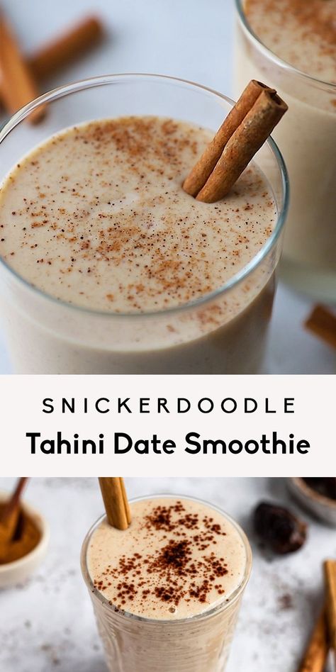 Creamy snickerdoodle tahini date smoothie made in just 10 minutes with no banana! This delicious, vegan date smoothie has Medjool dates, almond milk, cauliflower, tahini, vanilla and cinnamon for a wonderful flavor that tastes just like your favorite snickerdoodle cookie. Options to add extra protein and your favorite mix-ins. #smoothie #tahini #nutfree #breakfast #dates #dairyfree #vegan #snack #healthysnack #vegansmoothie #glutenfree Cauliflower Tahini, Tahini Date, Breakfast Dates, Date Smoothie, Snickerdoodle Cookie, Extra Protein, Ambitious Kitchen, Vegan Snack, Medjool Dates