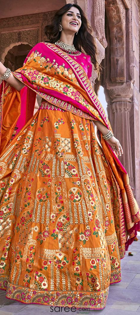 Orange banarasi silk floral lehenga choli Orange Colour Anarkali Dress, Orange Colour Combinations Dress, Orange Lehenga Colour Combinations, Navratri Photoshoot, Garba Dresses, Lehenga Color Combinations, Latest Lehenga Designs, Orange Color Combinations, Garba Dress