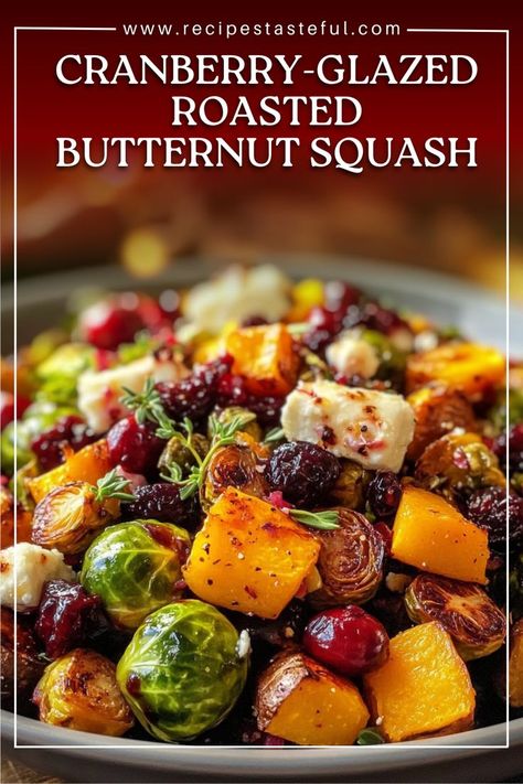 This fall-inspired salad features roasted butternut squash, Brussels sprouts, and sweet potatoes, topped with a tangy cranberry glaze, creamy goat cheese, and extra cranberries for a delightful balance of sweet and savory flavors. Brussels Sprouts And Sweet Potatoes, Cranberry Glaze, Thanksgiving Vegetable Sides, Sprouting Sweet Potatoes, Roasted Fall Vegetables, Holiday Dinner Recipes, Thanksgiving Vegetables, Thanksgiving Salad, Creamy Goat Cheese