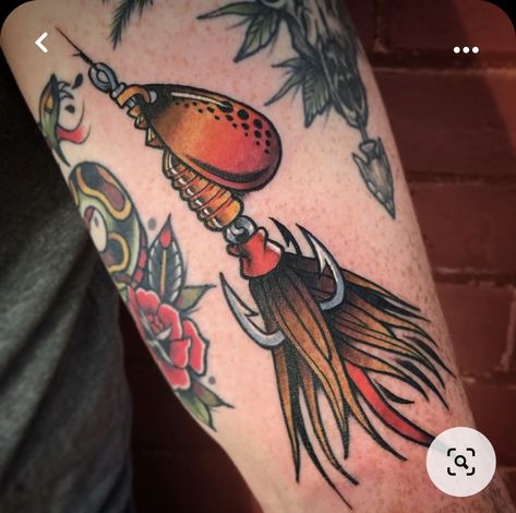 American Traditional Bass Tattoo, American Traditional Fishing Lure Tattoo, Traditional Fishing Lure Tattoo, Fishing Traditional Tattoo, Narrow Traditional Tattoo, American Traditional Fishing Tattoo, Fishing Tattoos Men, Fishing Lure Tattoo For Men, Color American Traditional Tattoos