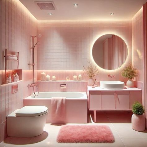 Kids Pink Bathroom, Bathroom Ideas Pink And White, Pink Aesthetic Bathroom, Small Apartment Bathrooms, Light Pink Bathroom, Small Apartment Bathroom Ideas, Episode Ideas, Apartment Bathrooms, Modern Pink Bathroom