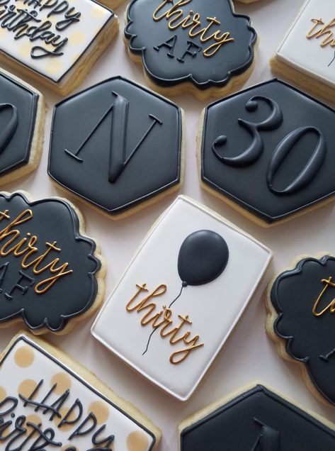 Desserts For 30th Birthday, Decorated Cookies 60th Birthday, Cookies For 30th Birthday For Her, Thirty Cookies Decorated, 30 Cookies Decorated, Rip Cookies Decorated, Rip 30s Cookies, Rip 20s Dessert, 35 Birthday Cookies