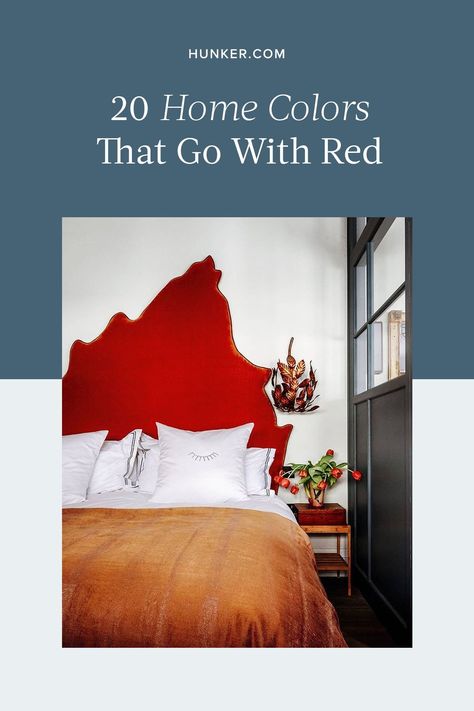 Ahead is an array of inspired colors that go with red and the lessons we've learned from each. #hunkerhome #reddecor #redhomedecor #redwallideas Red Accent Furniture, Colors That Compliment Red, Red Walls Bedroom, Colors That Go With Red, What Colors Go With Red, Red Accent Wall Bedroom, Decorating With Red, Office Color Palette, Red Wall Paint