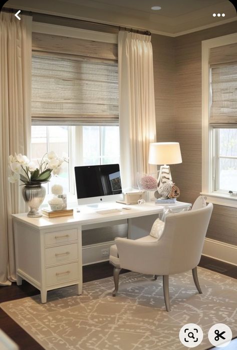 Modern Feminine Office, Home Office In Living Room Layout, Bedroom Living Room Combo Layout, White Bedroom Office, Feminine Office Space, Living Room Office Combo, Trendy Home Office, Womens Home Office, Glam Office Decor